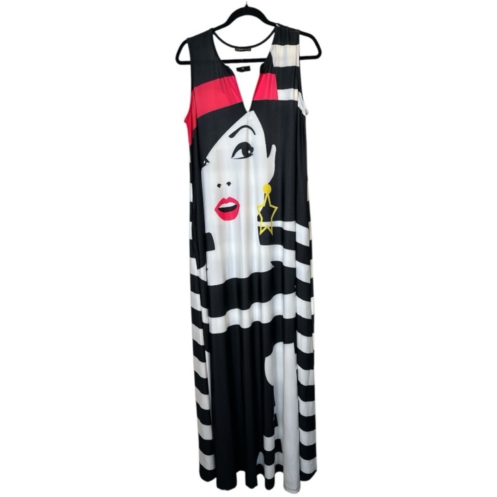 Mix Virage Pop Art Graphic Striped Maxi Dress Black White Red M